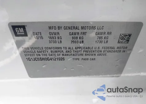 2016 Chevrolet Sonic Lt Auto из США, поврежденный, VIN 1G1JC5SH0G4121926